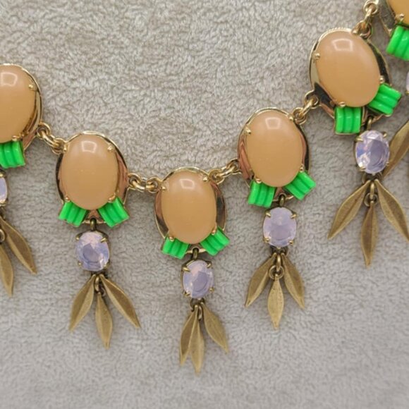 J Crew Peach Green Resin Gold Tone with Fringe Statement Necklace - Picture 2 of 10